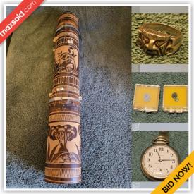 MaxSold Auction: This online auction features jewelry, signed southwest pottery, currencies, trinket box, marbles, pocket watch, games, golf clubs, vintage pin lot, coins, binoculars, mini telescope and much more.